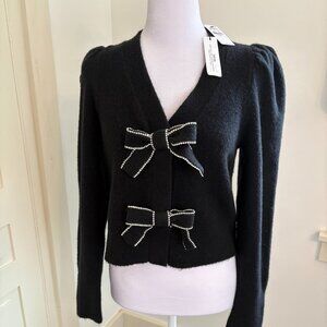 Rhinestone-Embellished Bow Black V-Neck Cardigan, Size Medium, by Express, NWT